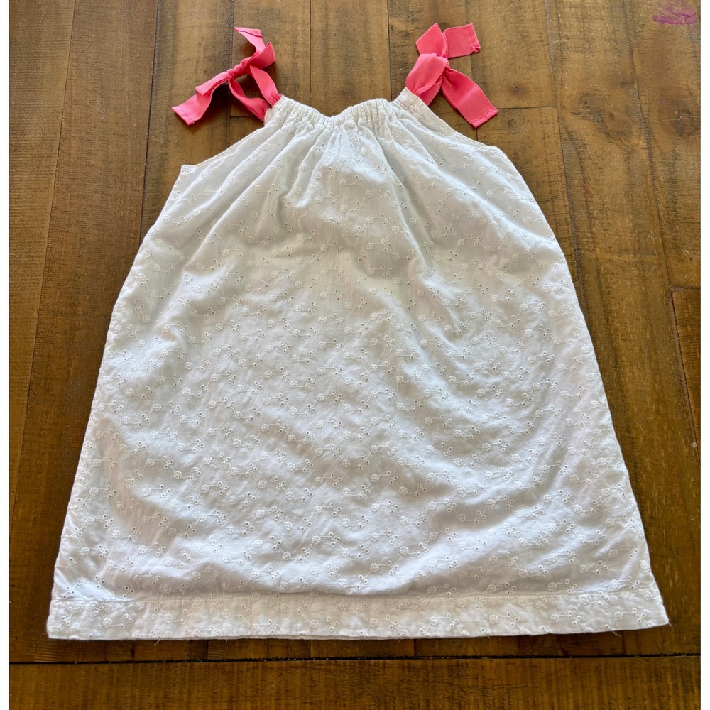 Lands End Kids White Eyelet Dress Pink Ribbon Tie Straps Girls Size Small 4 5 - Picture 2 of 4